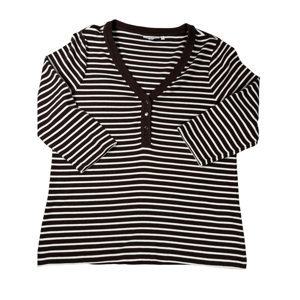 Chicos Brown‎ White Striped Ribbed Henley V-Neck 3/4 Sleeve Top Size 3 XL Preppy